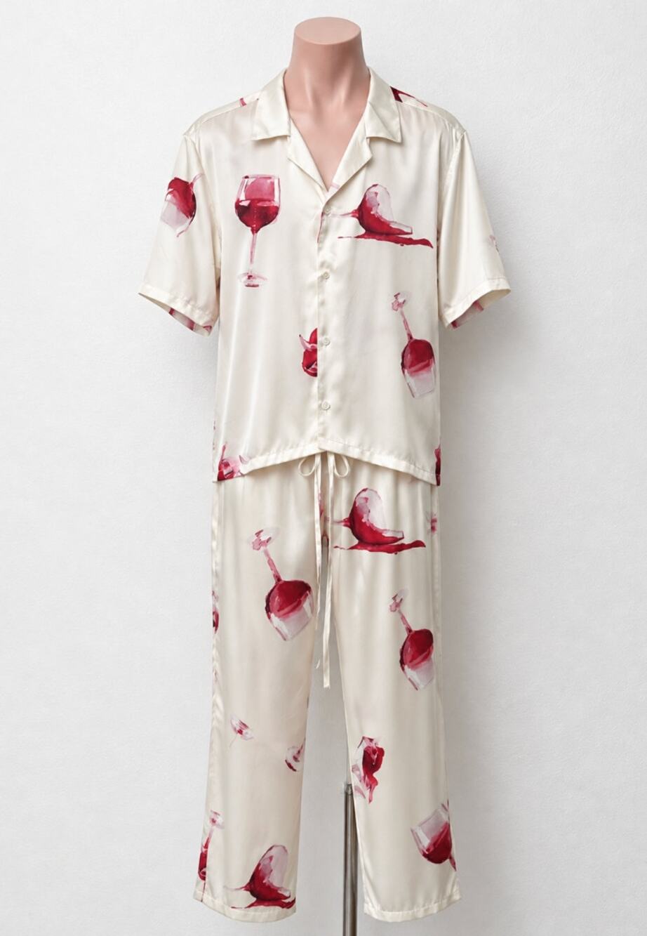 Nahmias Silk Pajama Set Wine Glass Print Ivory Cream L
